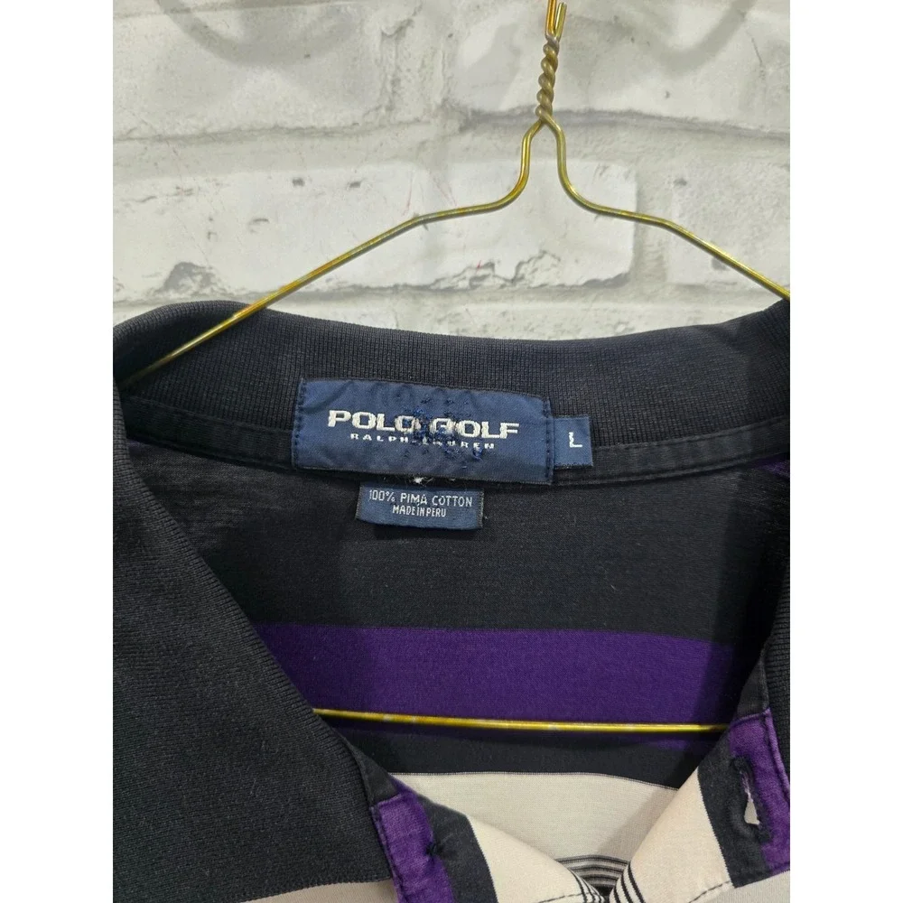 VTG Polo Golf Ralph Lauren Rugby Striped Polo Shirt Men L Black Purple Pony